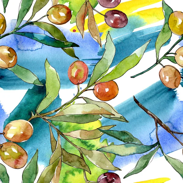 Olijftak met zwart en groen fruit. Aquarel achtergrond illustratie instellen. Naadloos achtergrond patroon. — Stockfoto