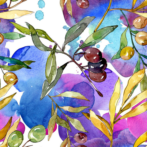 Olive branch with black and green fruit. Watercolor background illustration set. Seamless background pattern.
