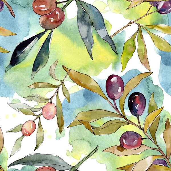 Olive branch with black and green fruit. Watercolor background illustration set. Watercolour drawing fashion aquarelle isolated. Seamless background pattern. Fabric wallpaper print texture.
