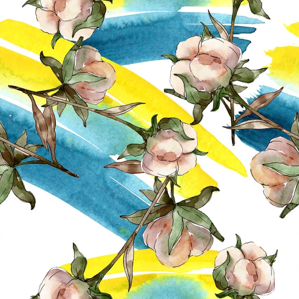 White Cotton Floral Botanical Flowers Watercolor Illustration Set Seamless Background — Stock Photo, Image