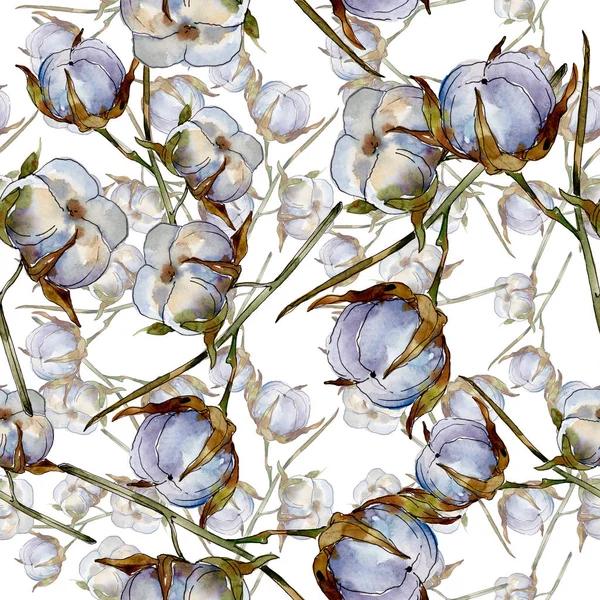 Hvid Bomuld Blomster Botaniske Blomster Akvarel Illustration Sæt Problemfri Baggrund - Stock-foto