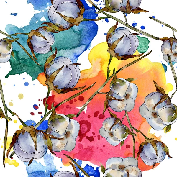 White cotton floral botanical flowers. Watercolor illustration set. Seamless background pattern. Wallpaper print texture.