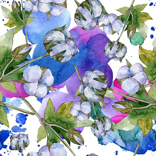 白棉花卉植物花 水彩插图集 无缝的背景模式 壁纸打印纹理 — 图库照片