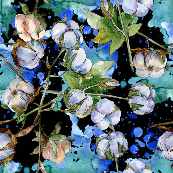 Білі Бавовняні Квіткові Ботанічні Квіти Набір Акварельних Ілюстрацій Безшовний Візерунок — стокове фото
