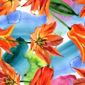 Narancs tulipán virágos botanikai virágok. Akvarell háttér illusztráció meg. Folytonos háttérmintázat.