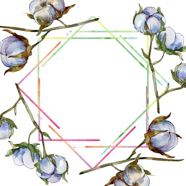 Beyaz pamuk çiçek botanik çiçekler. Suluboya arka plan illüstrasyon seti. Kopyalama alanı ile çerçeve kenar kristal süs.