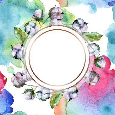 Pamuk botanik çiçek. Vahşi bahar yaprak izole kır çiçeği. Suluboya arka plan illüstrasyon küme. Suluboya çizim moda aquarelle izole. Çerçeve kenarlığı süsleme Meydanı.