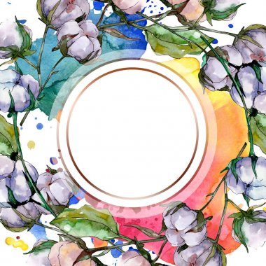 Pamuk botanik çiçek. Vahşi bahar yaprak izole kır çiçeği. Suluboya arka plan illüstrasyon küme. Suluboya çizim moda aquarelle izole. Çerçeve kenarlığı süsleme Meydanı.