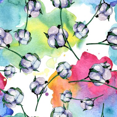Pamuk çiçek botanik çiçek. Yabani bahar yaprağı kır çiçeği. Suluboya illüstrasyon seti. Suluboya çizim moda aquarelle. Kusursuz arka plan deseni. Kumaş duvar kağıdı baskı doku.
