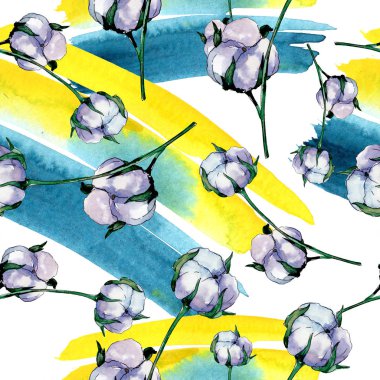 Pamuk çiçek botanik çiçek. Yabani bahar yaprağı kır çiçeği. Suluboya illüstrasyon seti. Suluboya çizim moda aquarelle. Kusursuz arka plan deseni. Kumaş duvar kağıdı baskı doku.