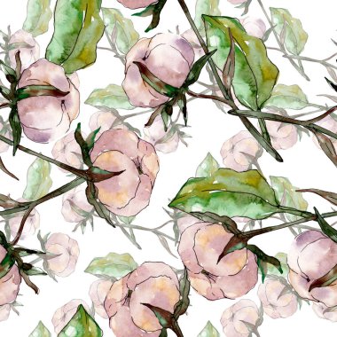 Pamuk çiçek botanik çiçek. Yabani bahar yaprağı kır çiçeği. Suluboya illüstrasyon seti. Suluboya çizim moda aquarelle. Kusursuz arka plan deseni. Kumaş duvar kağıdı baskı doku.