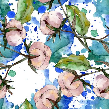 Pamuk çiçek botanik çiçek. Yabani bahar yaprağı kır çiçeği. Suluboya illüstrasyon seti. Suluboya çizim moda aquarelle. Kusursuz arka plan deseni. Kumaş duvar kağıdı baskı doku.