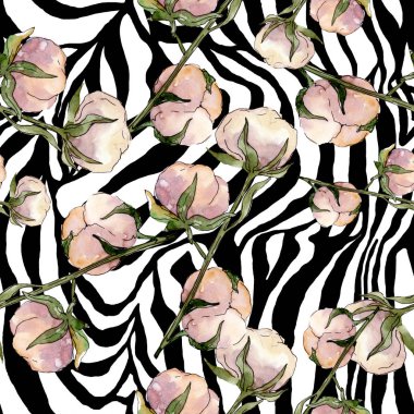 Pamuk çiçek botanik çiçek. Yabani bahar yaprağı kır çiçeği. Suluboya illüstrasyon seti. Suluboya çizim moda aquarelle. Kusursuz arka plan deseni. Kumaş duvar kağıdı baskı doku.