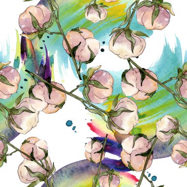 Pamuk çiçek botanik çiçek. Yabani bahar yaprağı kır çiçeği. Suluboya illüstrasyon seti. Suluboya çizim moda aquarelle. Kusursuz arka plan deseni. Kumaş duvar kağıdı baskı doku.