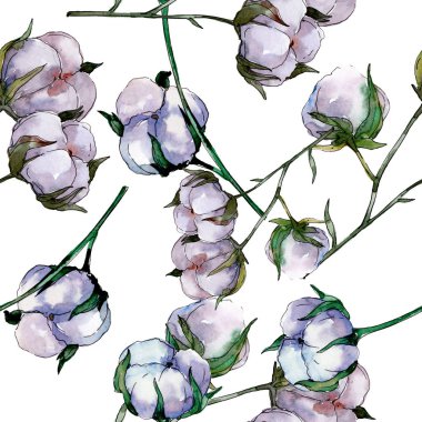 Pamuk çiçek botanik çiçek. Yabani bahar yaprağı kır çiçeği. Suluboya illüstrasyon seti. Suluboya çizim moda aquarelle. Kusursuz arka plan deseni. Kumaş duvar kağıdı baskı doku.