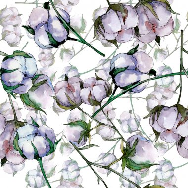 Pamuk çiçek botanik çiçek. Yabani bahar yaprağı kır çiçeği. Suluboya illüstrasyon seti. Suluboya çizim moda aquarelle. Kusursuz arka plan deseni. Kumaş duvar kağıdı baskı doku.