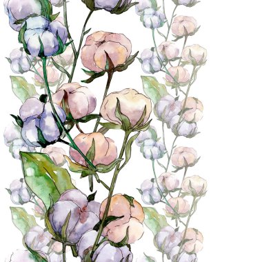 Pamuk çiçek botanik çiçek. Yabani bahar yaprağı kır çiçeği. Suluboya illüstrasyon seti. Suluboya çizim moda aquarelle. Kusursuz arka plan deseni. Kumaş duvar kağıdı baskı doku.