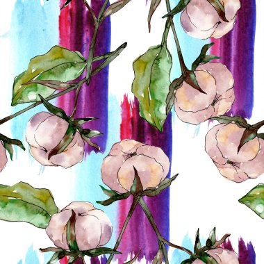 Pamuk çiçek botanik çiçek. Yabani bahar yaprağı kır çiçeği. Suluboya illüstrasyon seti. Suluboya çizim moda aquarelle. Kusursuz arka plan deseni. Kumaş duvar kağıdı baskı doku.