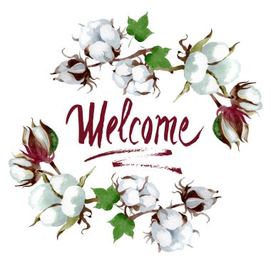 Beyaz pamuk çiçek botanik çiçek. Yabani bahar yaprağı kır çiçeği izole. Suluboya arka plan illüstrasyon seti. Suluboya çizim moda aquarelle. Çerçeve kenarlık süs karesi.