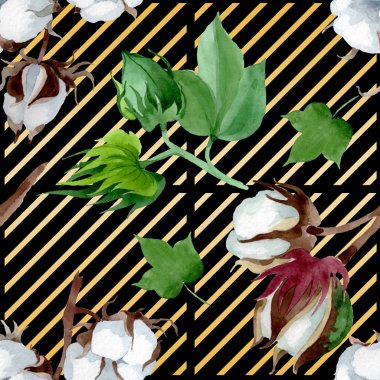 Beyaz pamuk çiçek botanik çiçek. Yabani bahar yaprağı kır çiçeği. Suluboya illüstrasyon seti. Suluboya çizim moda aquarelle. Kusursuz arka plan deseni. Kumaş duvar kağıdı baskı doku.