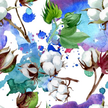 Beyaz pamuk çiçek botanik çiçek. Yabani bahar yaprağı kır çiçeği. Suluboya illüstrasyon seti. Suluboya çizim moda aquarelle. Kusursuz arka plan deseni. Kumaş duvar kağıdı baskı doku.