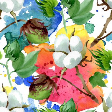 Beyaz pamuk çiçek botanik çiçek. Yabani bahar yaprağı kır çiçeği. Suluboya illüstrasyon seti. Suluboya çizim moda aquarelle. Kusursuz arka plan deseni. Kumaş duvar kağıdı baskı doku.