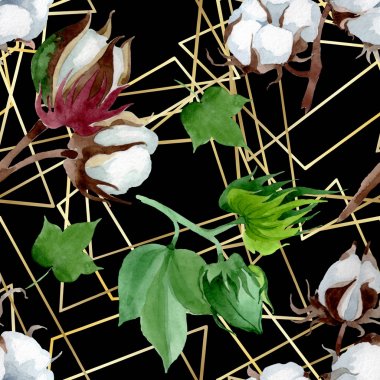 Beyaz pamuk çiçek botanik çiçek. Yabani bahar yaprağı kır çiçeği. Suluboya illüstrasyon seti. Suluboya çizim moda aquarelle. Kusursuz arka plan deseni. Kumaş duvar kağıdı baskı doku.