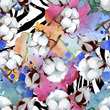 Beyaz pamuk çiçek botanik çiçek. Yabani bahar yaprağı kır çiçeği. Suluboya illüstrasyon seti. Suluboya çizim moda aquarelle. Kusursuz arka plan deseni. Kumaş duvar kağıdı baskı doku.
