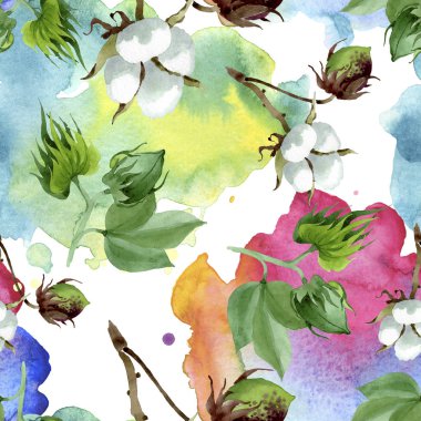 Beyaz pamuk çiçek botanik çiçek. Yabani bahar yaprağı kır çiçeği. Suluboya illüstrasyon seti. Suluboya çizim moda aquarelle. Kusursuz arka plan deseni. Kumaş duvar kağıdı baskı doku.