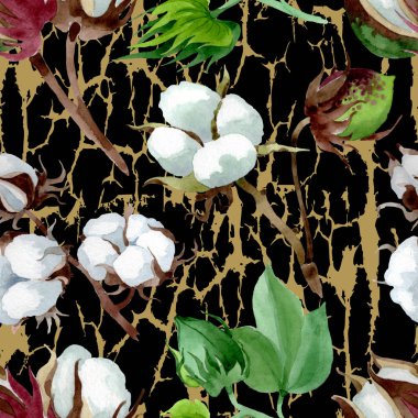 Beyaz pamuk çiçek botanik çiçek. Yabani bahar yaprağı kır çiçeği. Suluboya illüstrasyon seti. Suluboya çizim moda aquarelle. Kusursuz arka plan deseni. Kumaş duvar kağıdı baskı doku.