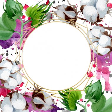 Beyaz pamuk çiçek botanik çiçek. Yabani bahar yaprağı kır çiçeği. Suluboya arka plan illüstrasyon seti. Suluboya çizim moda aquarelle. Çerçeve kenar kristal süs kare.