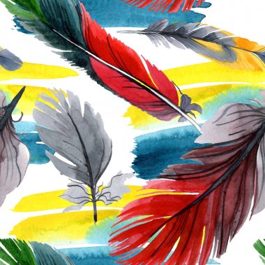 Kanat izole renkli kuş tüyü. Suluboya çizim moda aquarelle. Kumaş duvar kağıdı baskı doku.