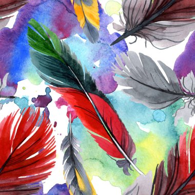 Kanat izole renkli kuş tüyü. Suluboya çizim moda aquarelle. Kumaş duvar kağıdı baskı doku.