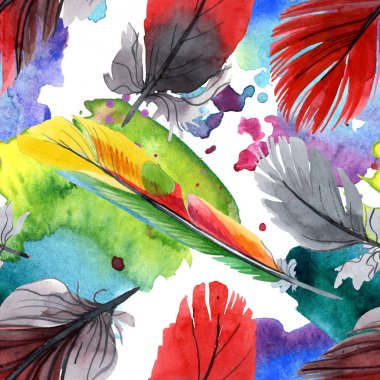 Kanat izole renkli kuş tüyü. Suluboya çizim moda aquarelle. Kumaş duvar kağıdı baskı doku.