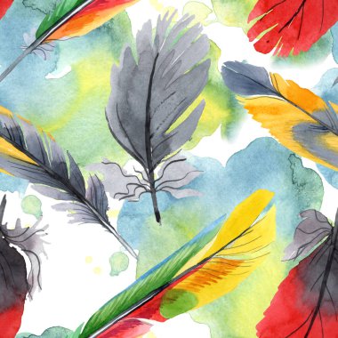 Kanat izole renkli kuş tüyü. Suluboya çizim moda aquarelle. Kumaş duvar kağıdı baskı doku.