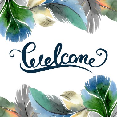 Kanat izole renkli kuş tüyü. Suluboya arka plan illüstrasyon seti. Çerçeve kenarlık süs karesi.