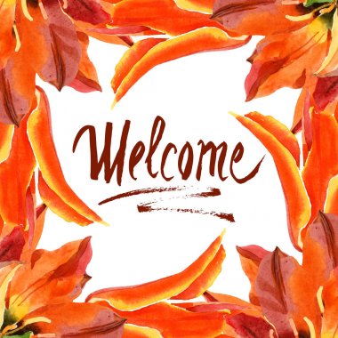 Turuncu lale çiçek botanik çiçekleri. Suluboya arka plan illüstrasyon seti. Çerçeve kenarlık süs karesi.