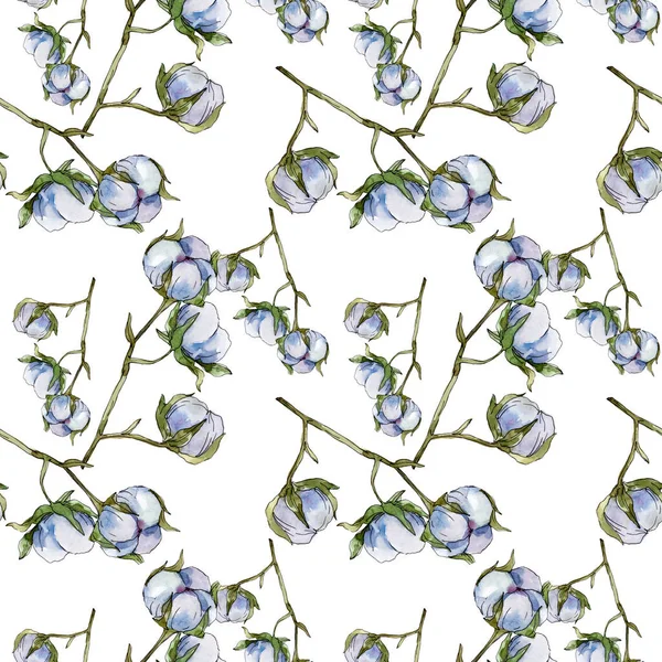 White Cotton Floral Botanical Flowers Watercolor Illustration Set Seamless Background — Stock Photo, Image
