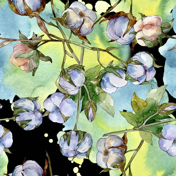 Hvid Bomuld Blomster Botaniske Blomster Akvarel Illustration Sæt Problemfri Baggrund - Stock-foto