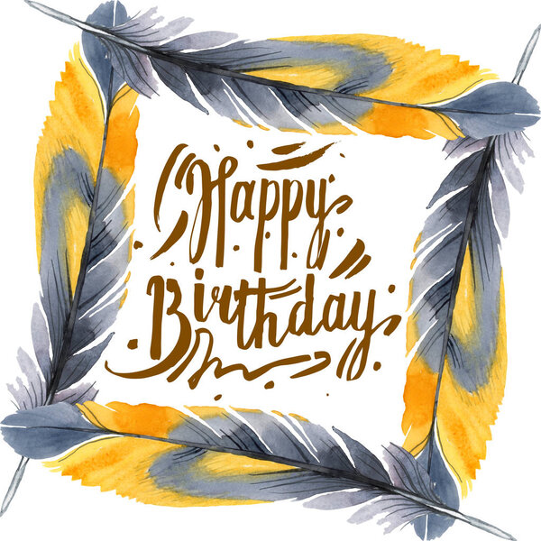 Colorful bird feather from wing isolated. Watercolor background illustration set. Frame border ornament square.