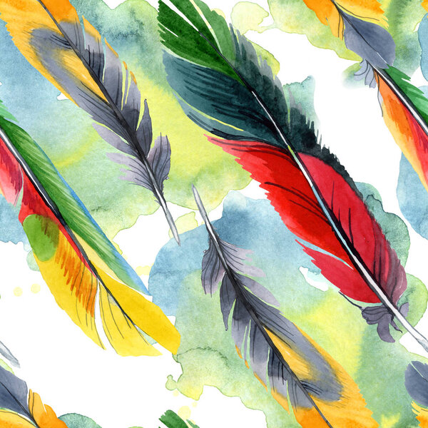 Красочное птичье перо из изолированного крыла. Акварель для рисования акварелью. Текстура ткани для печати обоев
.