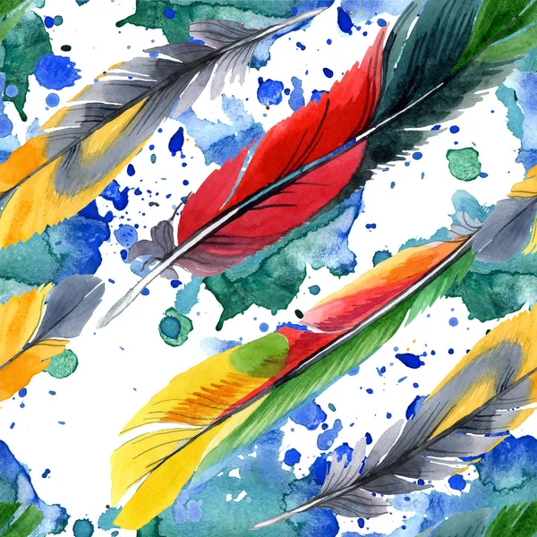 날개에서 고립 된 다채로운 새 깃털. 수채화 그리기 패션 아쿠아렐. 패브릭 벽지 프린트 텍스처. — 스톡 사진