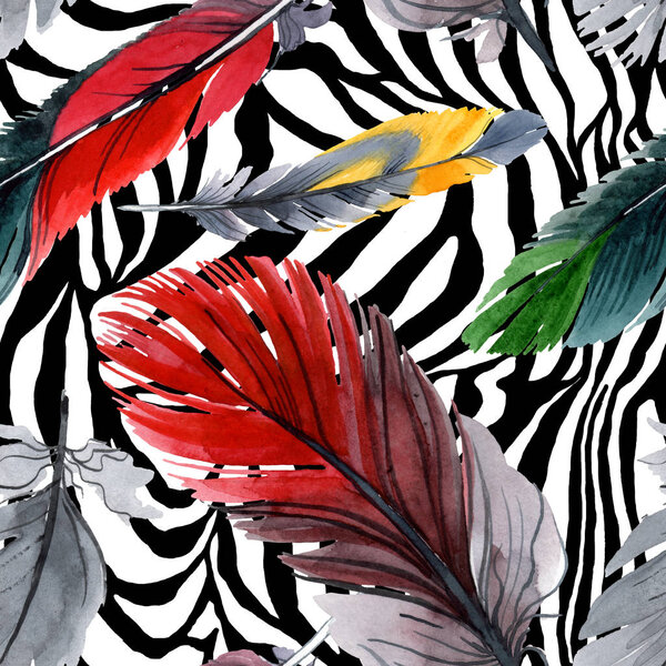 Colorful bird feather from wing isolated. Watercolour drawing fashion aquarelle. Fabric wallpaper print texture.