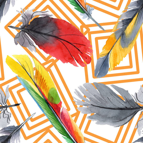 Colorful bird feather from wing isolated. Watercolour drawing fashion aquarelle. Fabric wallpaper print texture.