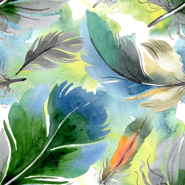 Colorful bird feather from wing isolated. Watercolor background illustration set. Seamless background pattern. — Stock Photo, Image