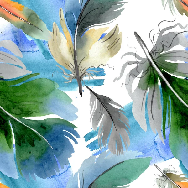 Färgglad fågel fjäder från vinge isolerad. Akvarell bakgrund illustration uppsättning. Sömlöst bakgrundsmönster. — Stockfoto
