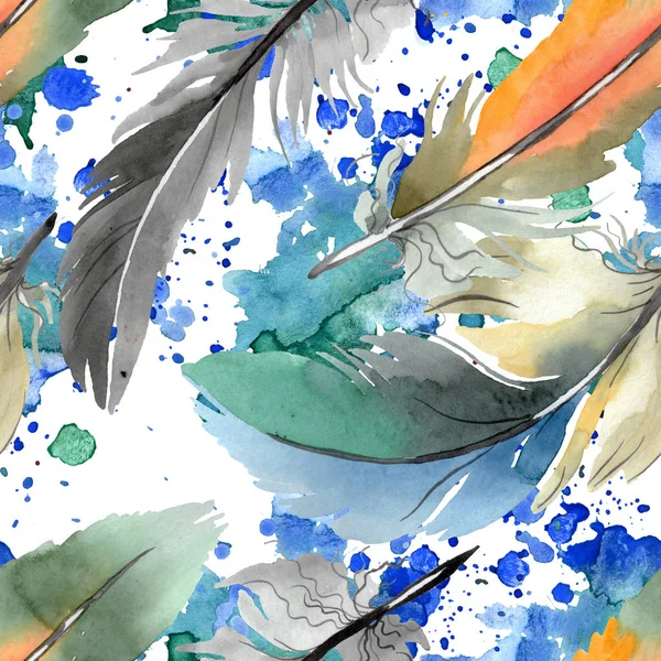 Bunte Vogelfeder vom Flügel isoliert. Aquarell Hintergrundillustration Set. nahtloses Hintergrundmuster. — Stockfoto