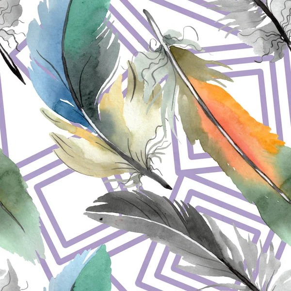 五颜六色的鸟羽毛从翅膀孤立。水彩背景插图集。无缝背景模式. — 图库照片