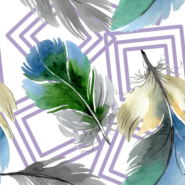 五颜六色的鸟羽毛从翅膀孤立。水彩背景插图集。无缝背景模式. — 图库照片