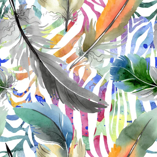 Kolorowe Pióro ptaka z wyizolowanego skrzydła. Akwarela zestaw ilustracji tła. Płynny wzór tła. — Zdjęcie stockowe